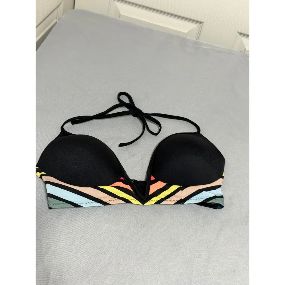 Victoria's Secret PINK Bikini Top Black Geometric Chevron Padded Push Up Large